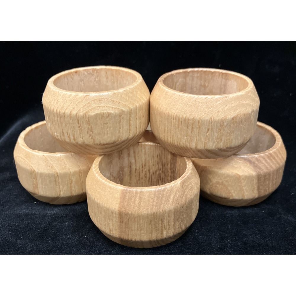 MCM Wooden Napkin Rings Set of 6 Vintage Teak Wood Grain Round w/ Angled Sides